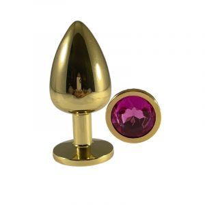 Guld Anal Plug med Pink Diamant - Large