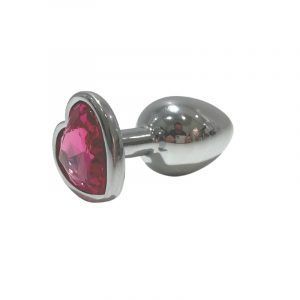 Metal Anal Plug med Pink Hjerteformet Diamant - Large